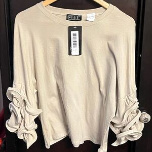 Bobeau Beige Ruffle Sleeve Long Sleeve Top